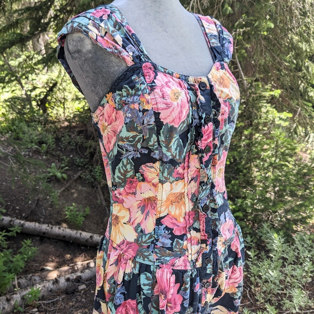 Vintage 90s Starina Floral Garden Dress M Cottagecore Button Front Corset Ruffle - Picture 4 of 15